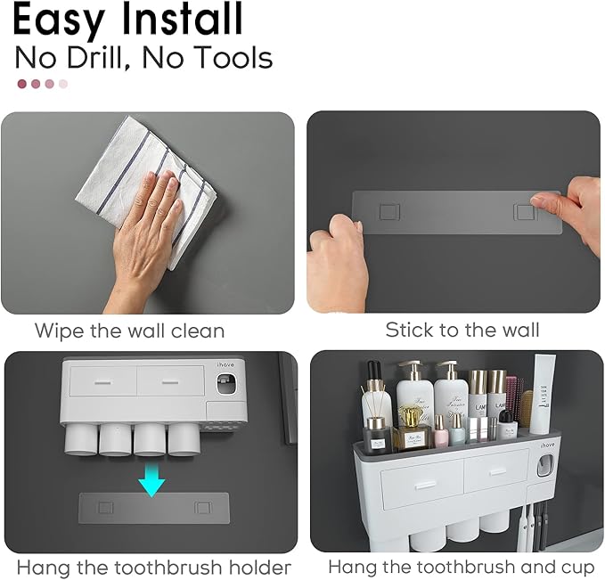 iHave Toothbrush Holders for Bathrooms, 4 Cups Toothbrush Holder Wall Mounted