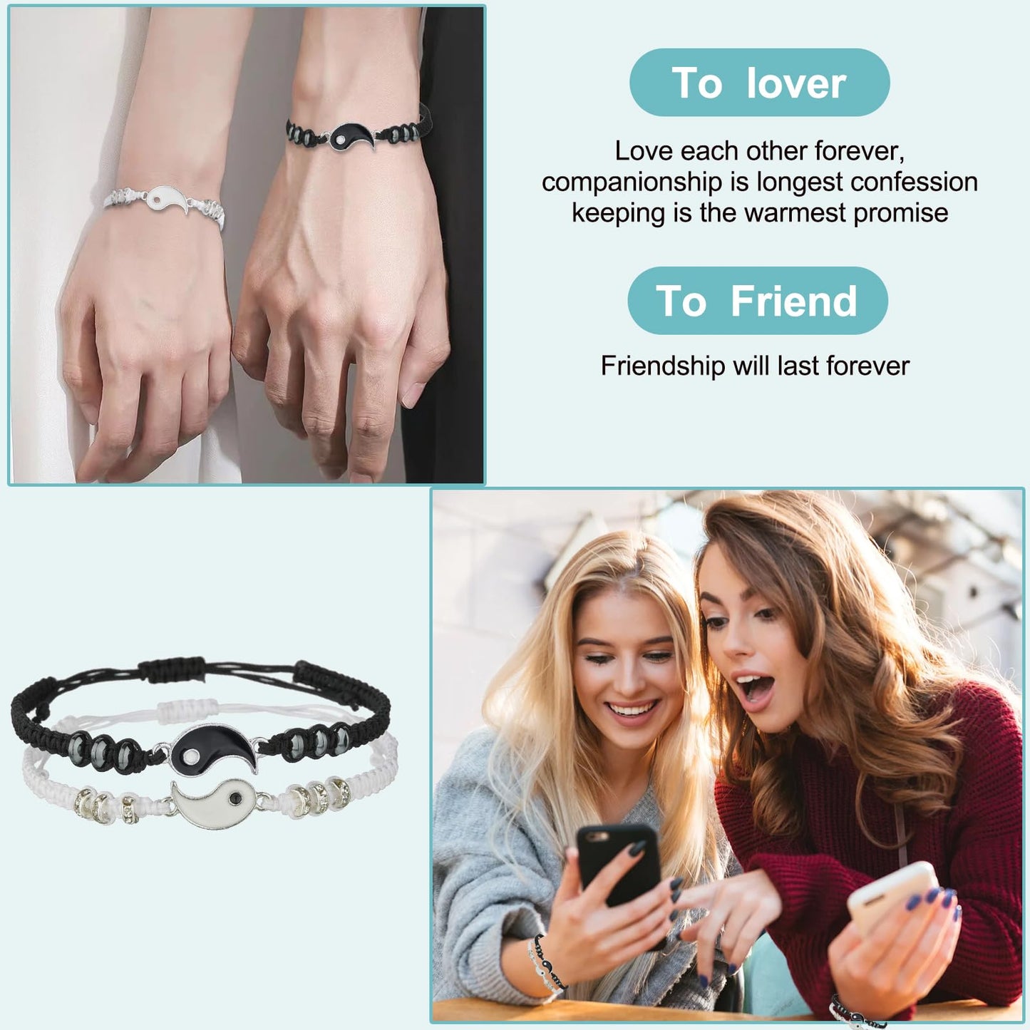 Best Friend Bracelets for 2 Matching Yin Yang Adjustable Cord Bracelet for Bff Friendship Relationship Boyfriend Girlfriend Valentines Gift