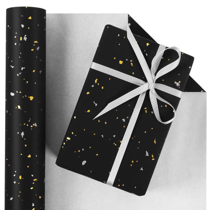 Aimyoo Black Wrapping Paper Roll - Mini Roll - 17 Inch x 60 Feet - Black with Gold Flakes Foil Design for Christmas, Wedding, Birthday,Holiday,Celebrations