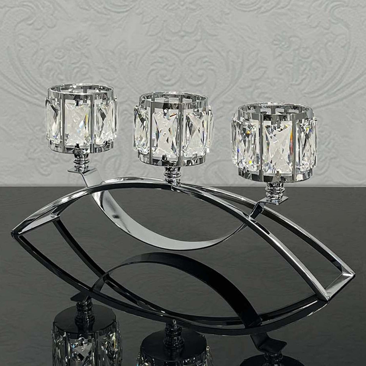 KEHAIL 3 Arms Crystal Candle Holders, Arch Candlestick Table Candelabras Centerpieces for Wedding, Dinning Room, Cabinet Ornaments, Home Decoration， Gift (3-arm Arched, Silver)