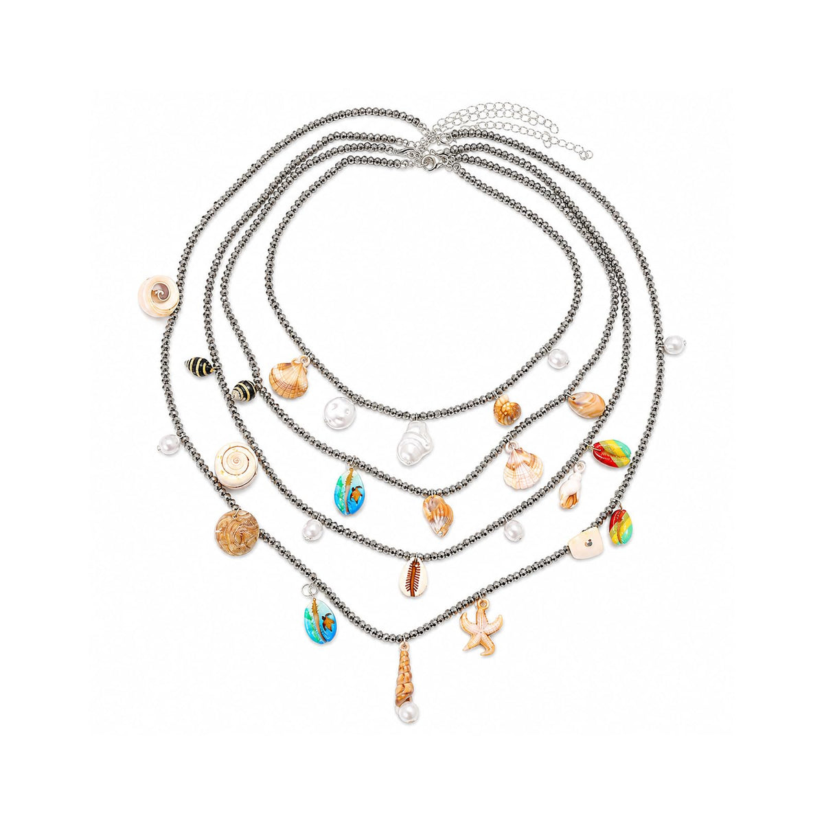 Boho Seashell Necklace For Women, Handmade Multi Layer Beaded Shell Starfish Conch Pearl Charm Pendant Necklaces Summer Beach Fashion Gifts Jewelry (4Pcs Silver)