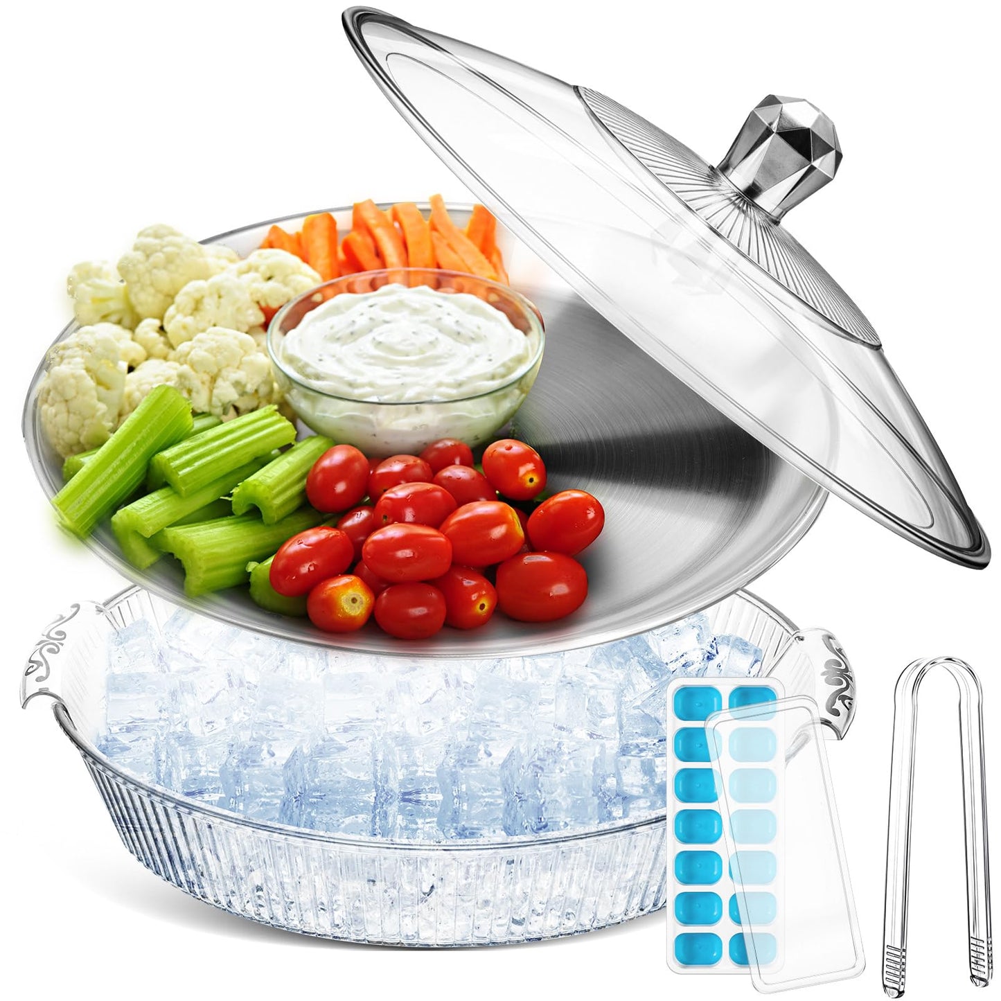 Baderke 1 Set 10" Chilled Serving Tray for Parties with Compartments and Lid Ice Chilled Platter Charcuterie Serving Board for Fruit Seafood Vegetable Appetizer Shrimp Cocktail (Silver)