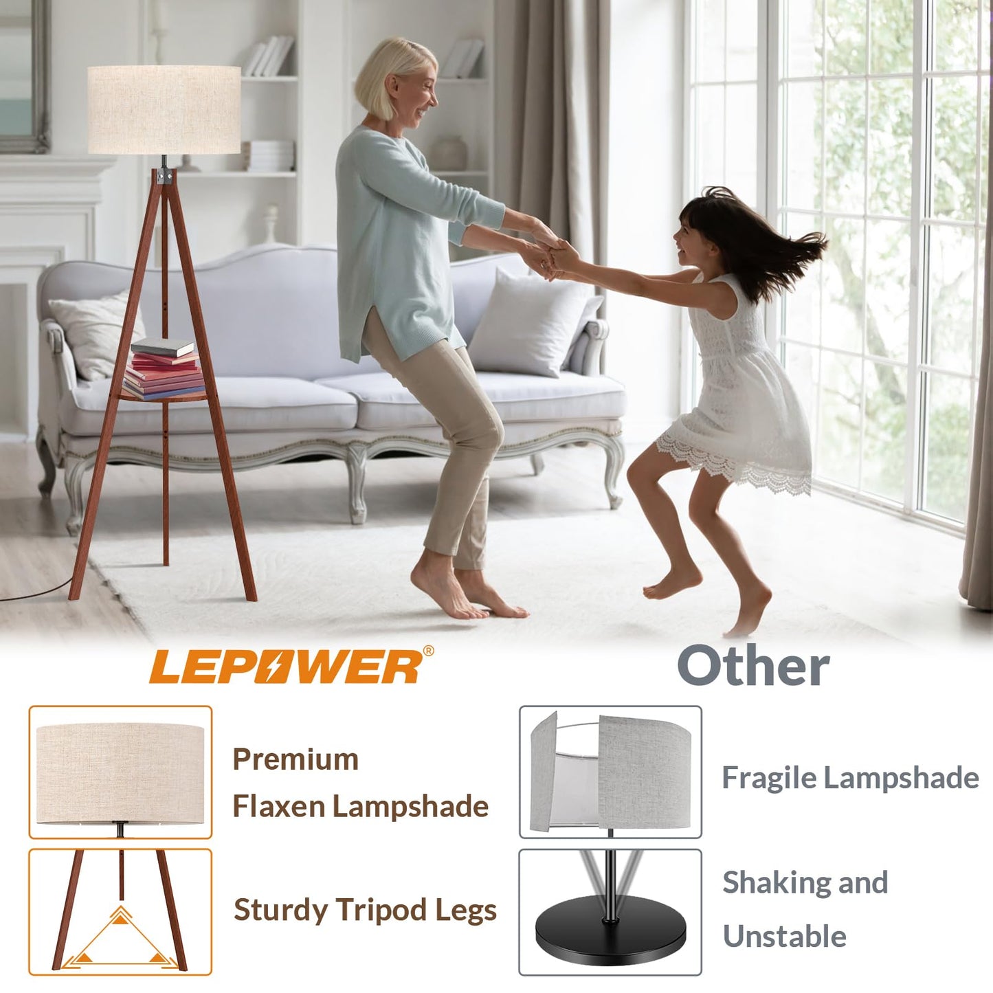 LEPOWER Tripod Floor Lamp, Mid Century Wood Standing Lamp, Modern Design Shelf Floor Lamp for Living Room, Bedroom, Office, Flaxen Linen Shade with E26 Base Brown