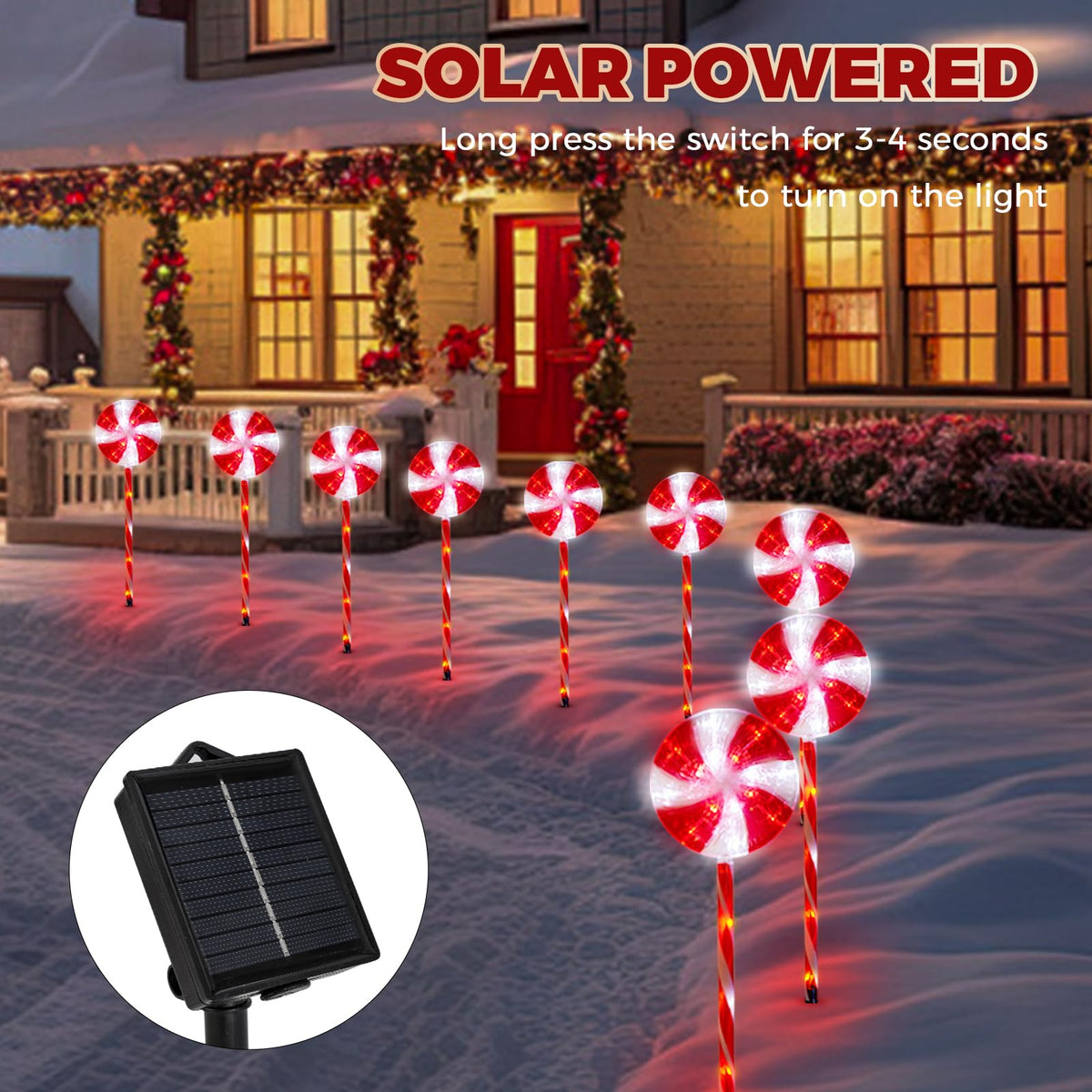 Outdoor Christmas Decorations Solar Pathway Lights, Set of 10 Lollipops Peppermint Stake Lights, 8 Modes Candy Cane Walkside Lights, Outdoor Xmas Decoration for Walkway,Yard (10PCS-Red)
