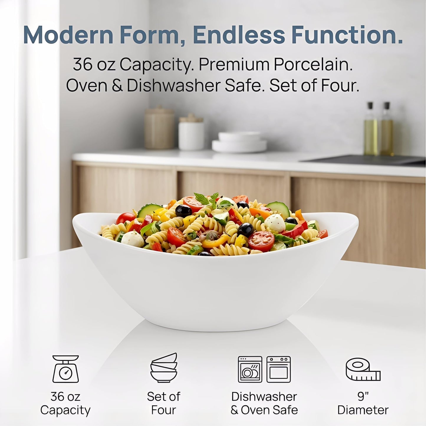 Lawei 4 Pack 9" Porcelain Serving Bowls, 36 Oz Oval Ceramic Mixing Bowls, Large Serving Dishes for Salads, Spaghetti, Dessert, Veggie, Potatoes and Fruits, Side Dishes, Microwave & Dishwasher Safe