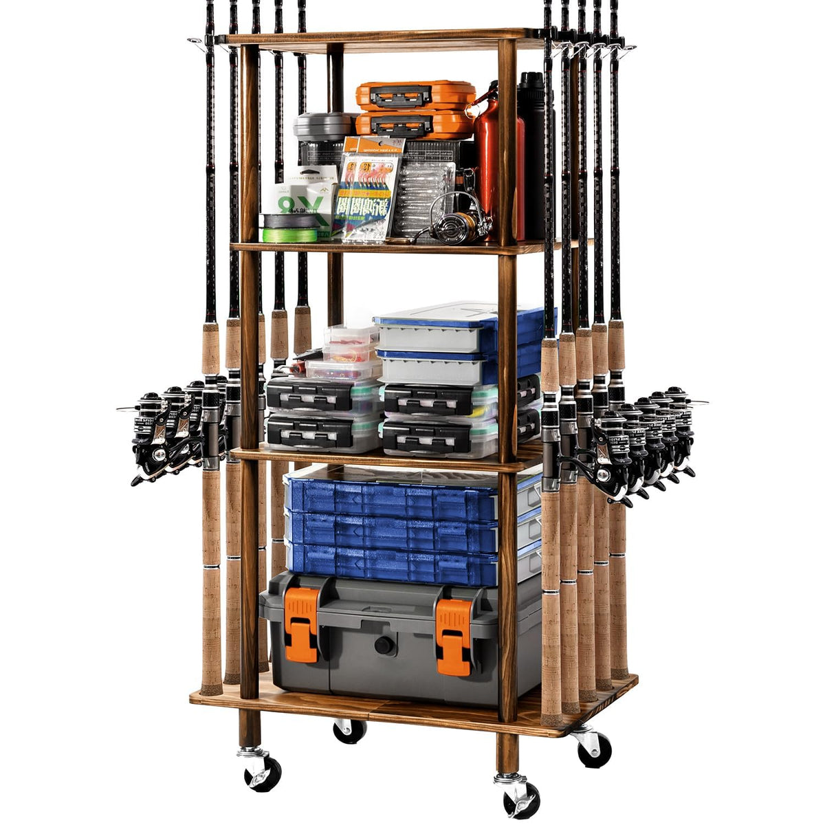 Ghosthorn Fishing Rod Holders Fishing Pole Rack for Garage Hold up to 10 Rods Wooden Fishing Pole Holders Organizer Fishing Rod Rack Fishing Gear Storage Equipment(Carbonization，4 Tier)