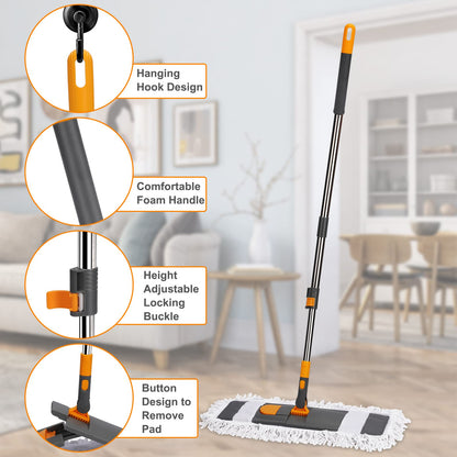 MASTERTOP Flat Mop, 60cm Wide Industrial Mops with Stainless Steel Long Handle, Commercial Pure Cotton Mop with 2 Reusable Pads, Wet and Dry Floor Mops for Hard Laminate Floors Cleaning
