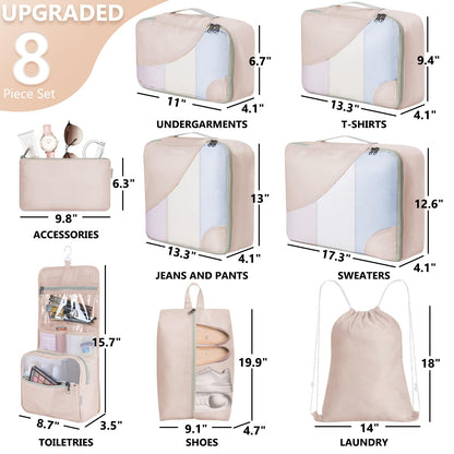 10 Set/8 Set Packing Cubes for Travel, Gifts for Women Mom,Anti-Tearing Suitcase Organizer for Luggage with Shoe & Hanging Toiletry Bag,OlarHike Vacation Essentials & Accessories for Cruise Ship,Cream