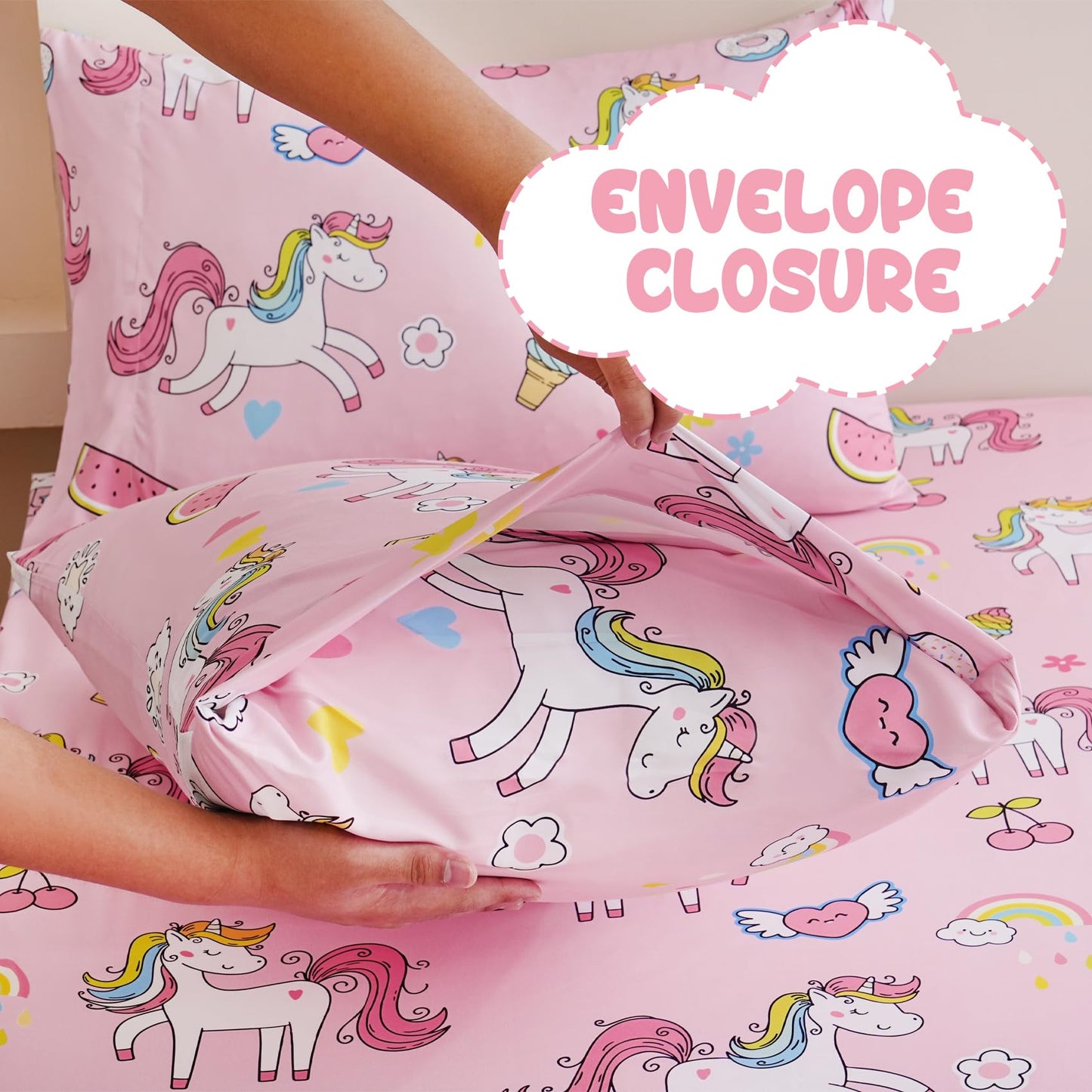 Yibeizi Pink Unicorn Sheet Set for Girls Full, Kids Rainbow Sweet Print Bedsheets Microfiber Deep Pocket Cute Patterned Bed Sheet & Pillowcase Sets 4 Pieces