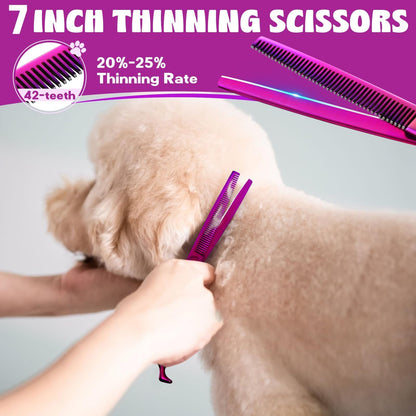 JASON Purple 6 in 1 Dog Grooming Scissors Set - Professional Thinner Set - 7" Thinning, Straight, Up-Curved, Down-Curved Scissors and Comb for Dog Cat Pet with Adjustable Screw