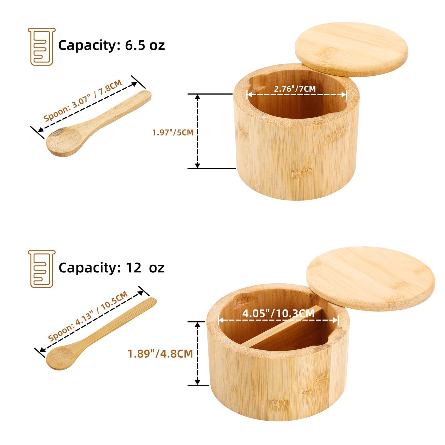 RAETTER.LY Natural bamboo Salt and Pepper Bowl, Bamboo Salt Cellar and Spices Storage Box With Built-in Spoon and Magnetic Swivel Lid (Two Compartments)