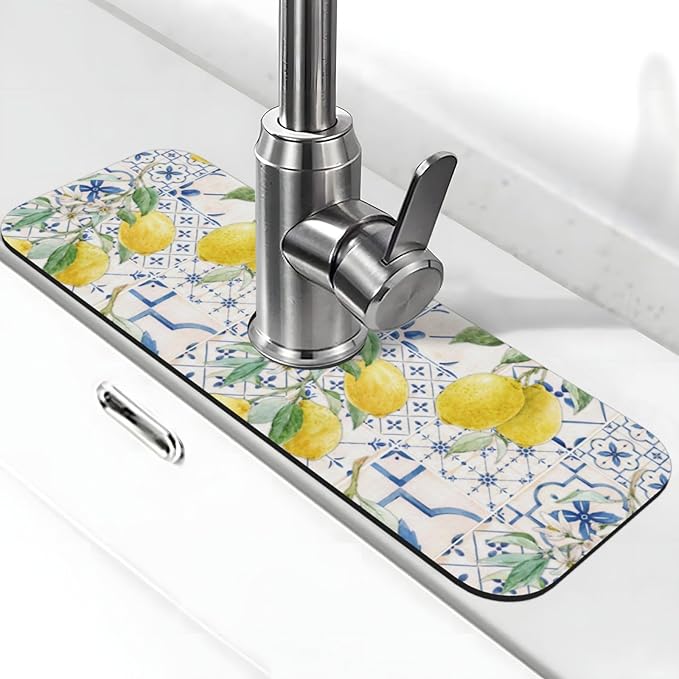 Lemon Mexican Blue Tilt Kitchen Sink Splash Guard Faucet Mat 1 Pcs, Absorbent