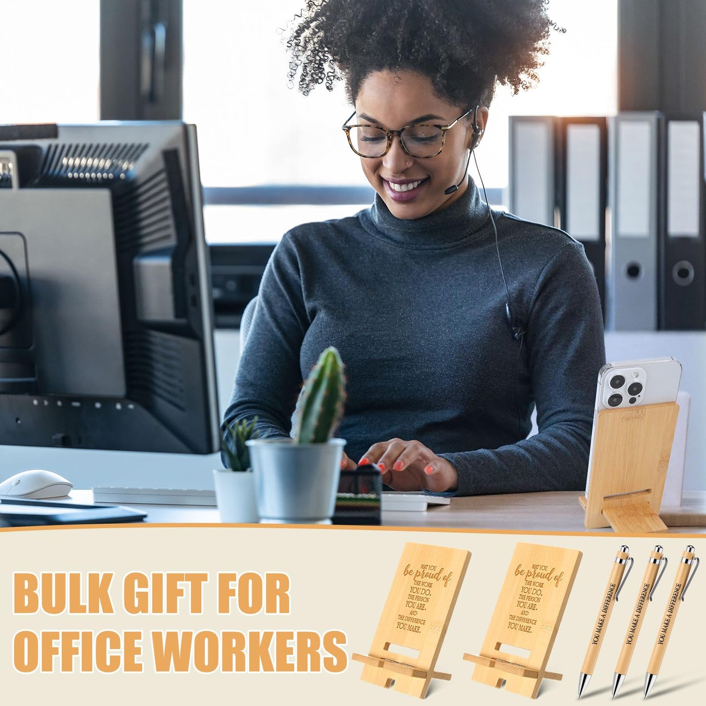 Ripeng 10 Sets Employee Appreciation Gifts Bulk Bamboo Phone Stands with Ballpoint Pens for Desk Office Workers Thank You Gift for Team Coworkers Staff Volunteer Teacher Colleagues (Proud)
