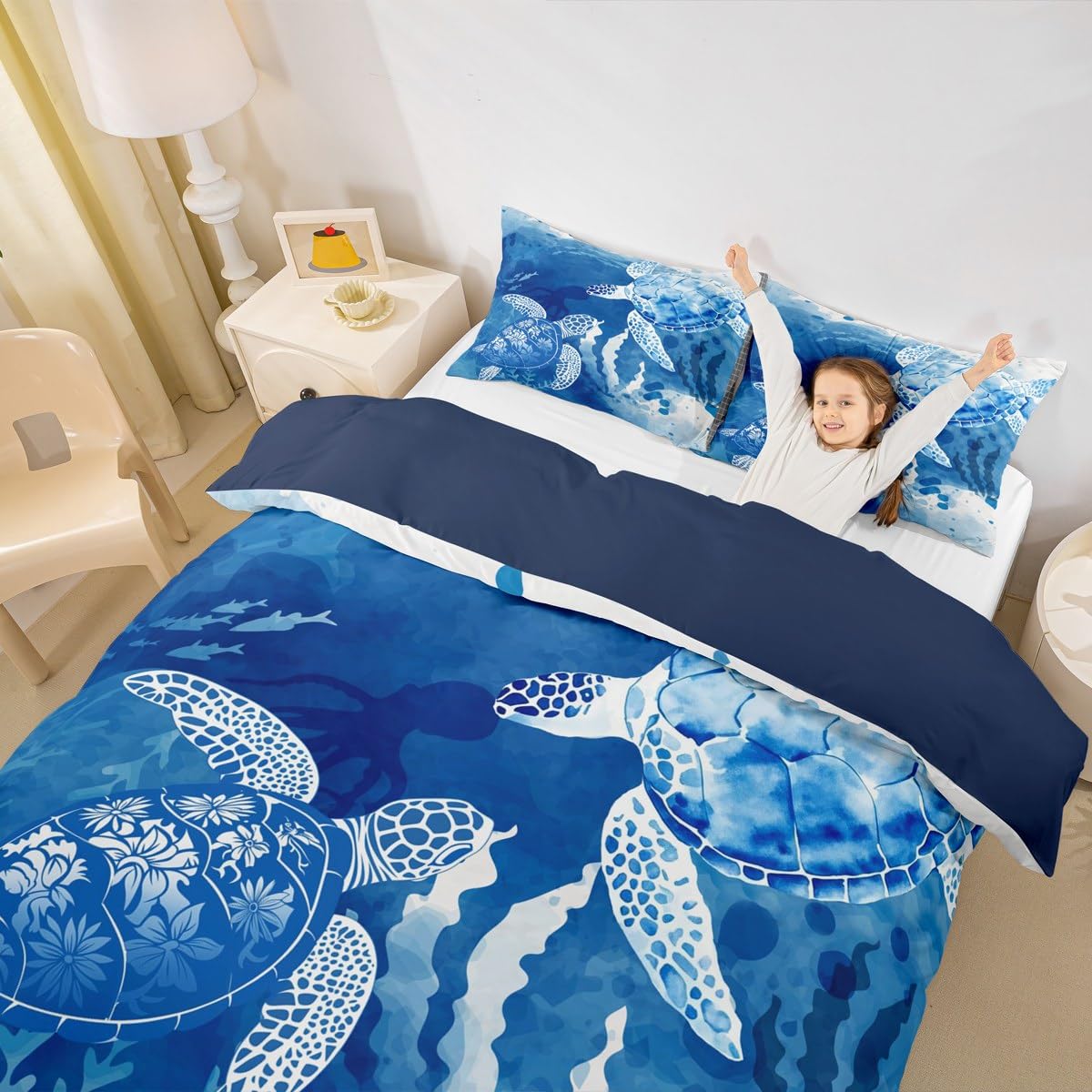 Homewish Sea Turtle Bedding Set Full,Octopus Seaweed Silhouette Duvet Cover for Teens Girls Room ,Navy Blue Tie Dye Comforter Undersea Animals Plants Quilt 3pcs with 2 Pillowcases Full 80''x90''
