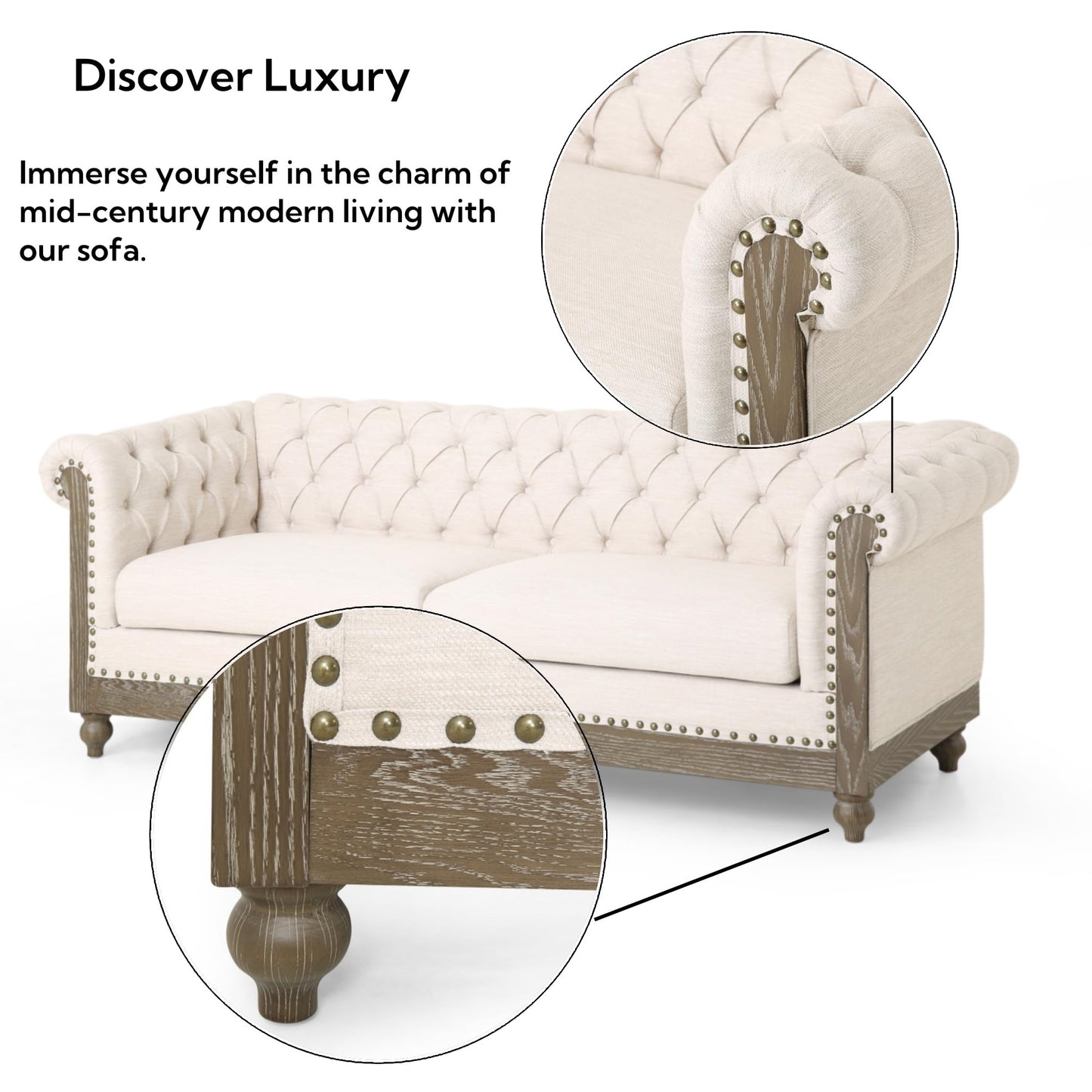 Merax Chesterfield Sofa, Retro Style Upholstered 3 Seater Rolled Arm Couch for Living Room Bedroom Office, Beige
