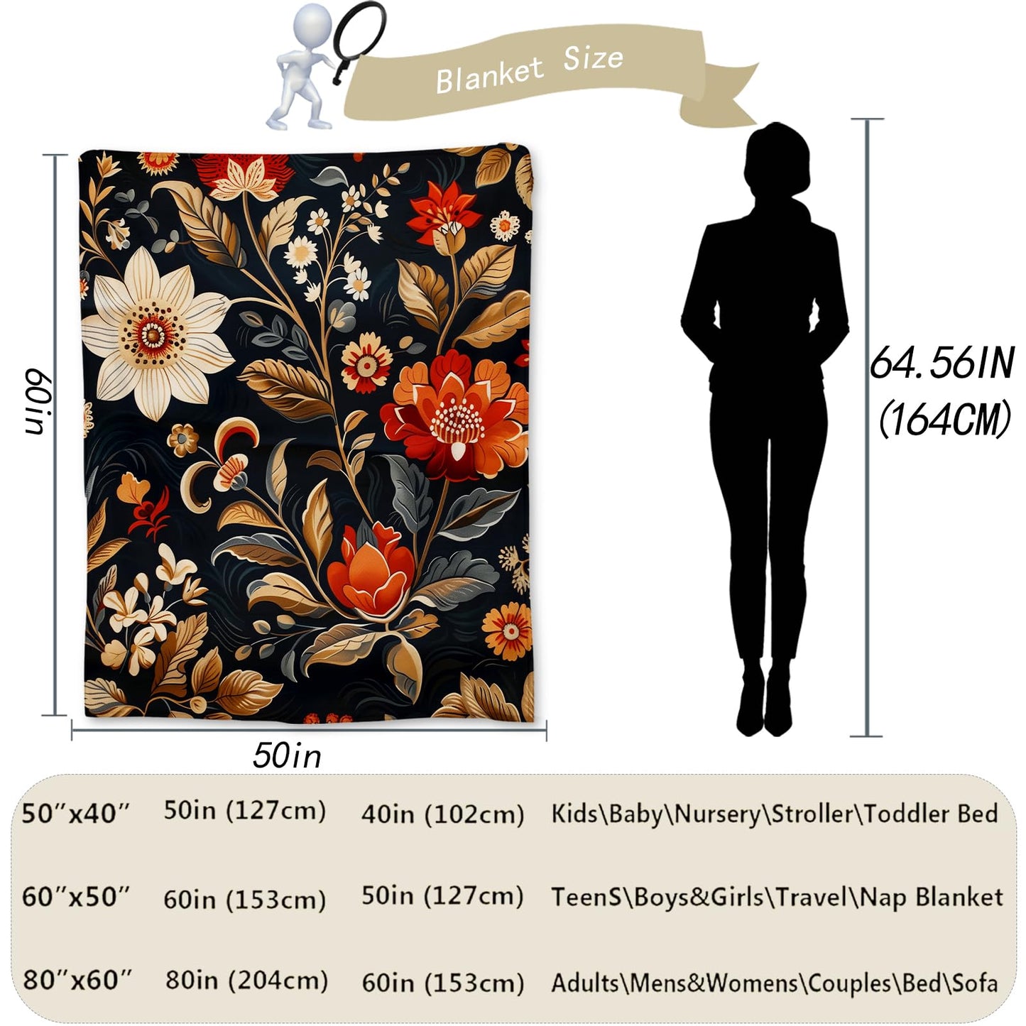 Ti Caldi Luxurious Floral Blanket Flannel with Rich Floral Design - Soft, Cozy, and Lightweight Throw Blanket, Perfect for Couch, Bed, Travel, and Outdoor Use - Fluffy, Fuzzy Home Decor 60"x50"