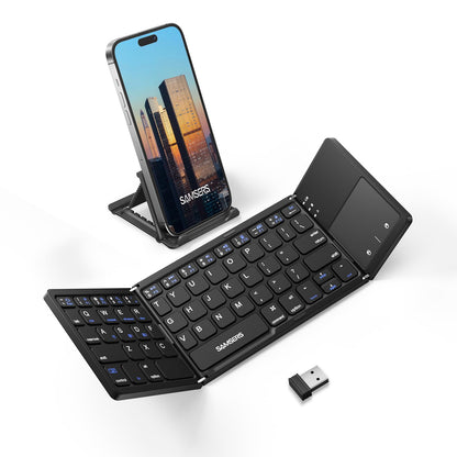 Samsers Foldable Bluetooth Keyboard with Touchpad - Portable Wireless Keyboard with Holder, Rechargeable Full Size Ultra Slim Pocket Folding Keyboards for Android Windows iOS Tablet & Laptop - Black