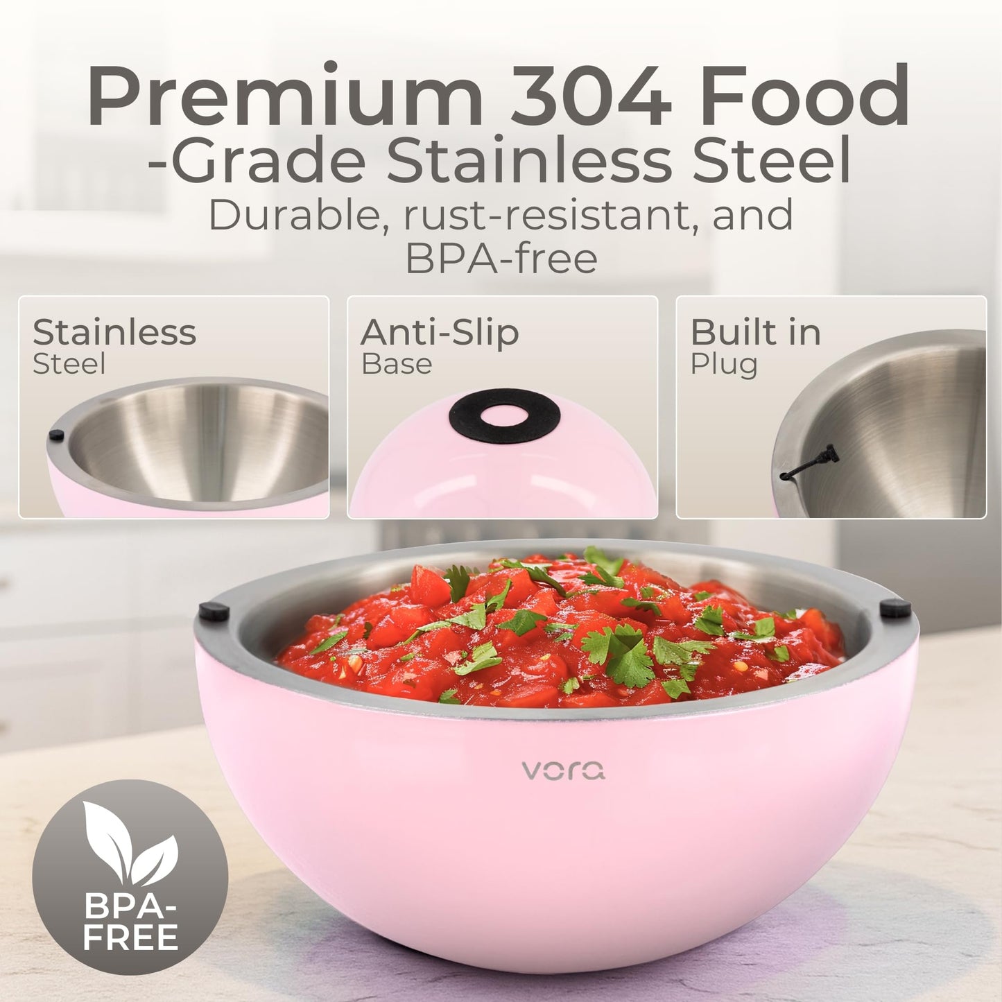 Vora 35oz Dip Chiller Bowl | 1 Pack Pink Stainless Steel Chilled Serving Bowl Keep Dips, Salads, and Appetizers Perfectly Cold with Leak-Resistant Ice Bowl for Effortless Hosting