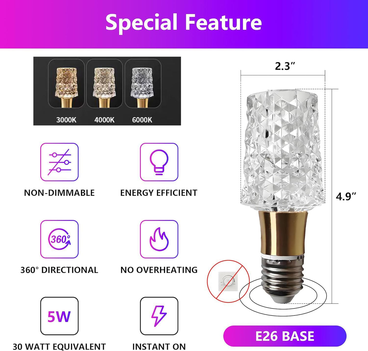 VIZBMYR 6pcs Acrylic Decorative E26 LED Light Bulbs 5w Equivalent 30 watt, Unique Fancy Light Bulb Warm 3000k,Non-dimmable Lightbulbs for Living Room Dining Room,150 Lumens (B014-Warm-3000k, 6pcs)