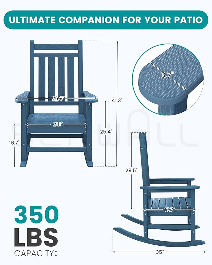 SERWALL Oversized Outdoor Rocking Chair Set of 4, HDPE Rocker for Adults, Patio Rocking Chairs for Porch, Blue