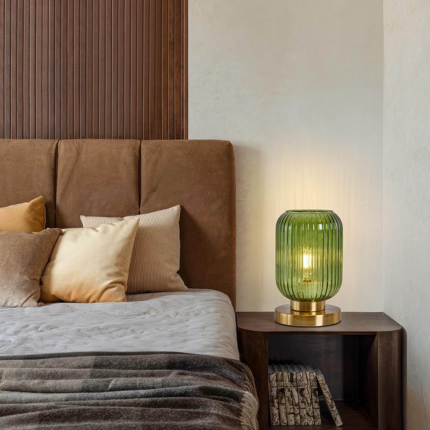 Mid Century Modern Table Lamp: Vintage Green Ribbed Glass Globe Dimmable Plug in Small Bedside Lamps - Cute Brass Gold Side Table Lamp Nightstand Light for Bedroom Entryway Office Desk Living Room