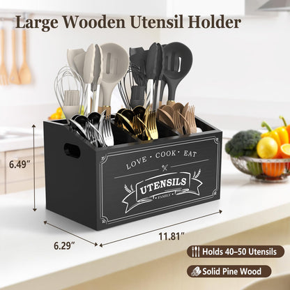 COAZEX Large Kitchen Utensil Holder with 5 Compartments, Wooden Cooking Utensil Holder for Countertop or Wall Mount, Rustic Farmhouse Utensil Caddy for Silverware, Forks, Spoons, and Spatulas (Black)