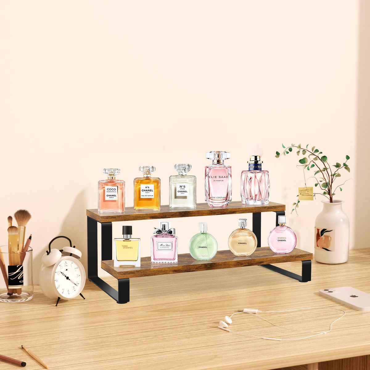 ELITEROO Wooden Display Riser Stand, Tiered Perfume and Cologne Organizer Stand, 2 Tier Rustic Display Shelf for Party,Makeup,Figures,Cupcake,Perfume,Dessert,Candles