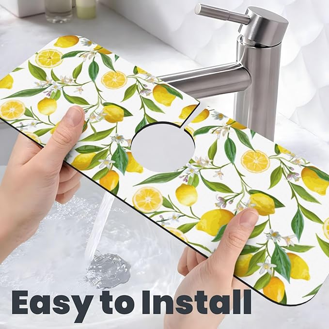 Yellow Lemon Teal Kitchen Sink Splash Guard Faucet Mat 1 Pcs, Absorbent Fast