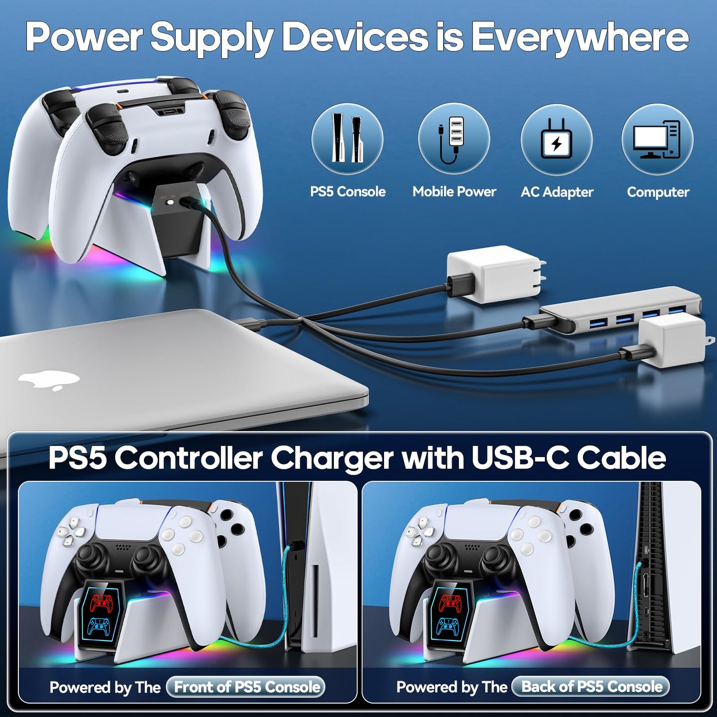 PS5 Controller Charger Station Compatible with PlayStation 5 Faceplates Edge & Dual Controller, 9 Lightings PS5 Accessories Charging Station, PS 5 Dock Stand with LED Indicator & On-off Switch & Cable