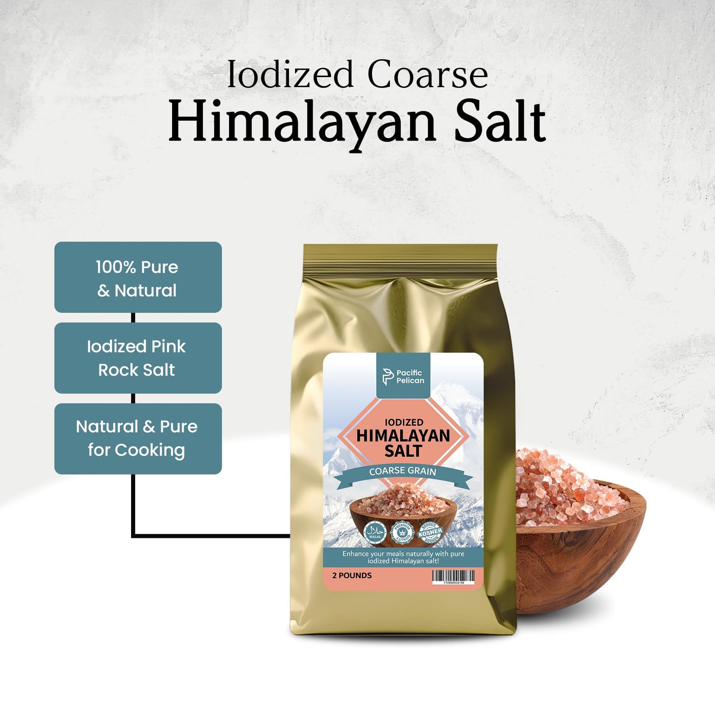 Pacific Pelican Iodized Himalayan Pink Salt | Coarse Grain, Unrefined, Pure Rock Salt | 2 Pounds | 100% Natural & Organic for Cooking, Seasoning & Wellness