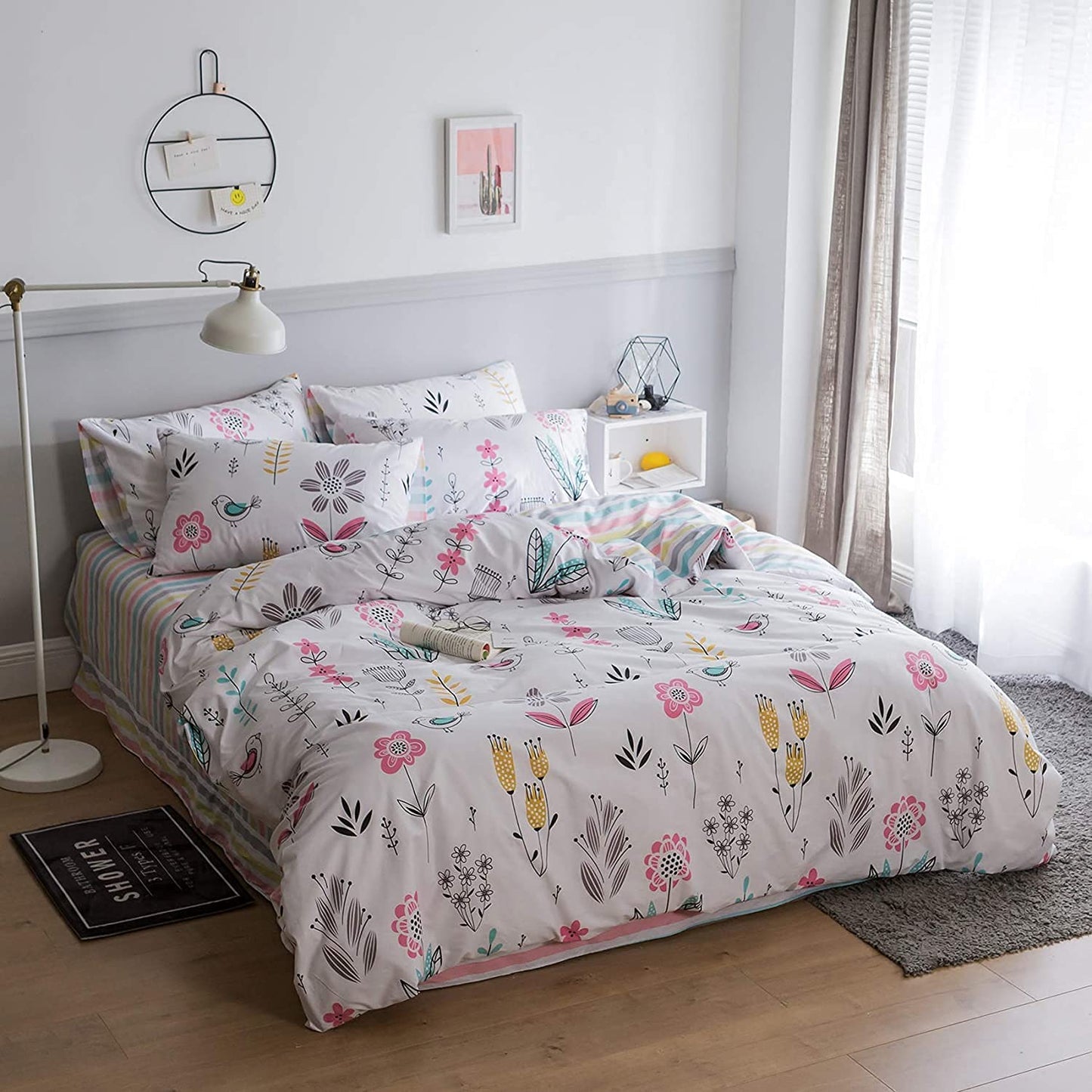 BuLuTu Floral Bird Print Pattern Girls Boys Duvet Covers Queen White Premium Cotton Nature Blossom Colorful Reversible Kids Bedroom Comforter Cover Full Bedding Sets for Teen Toddler,Zipper Closure