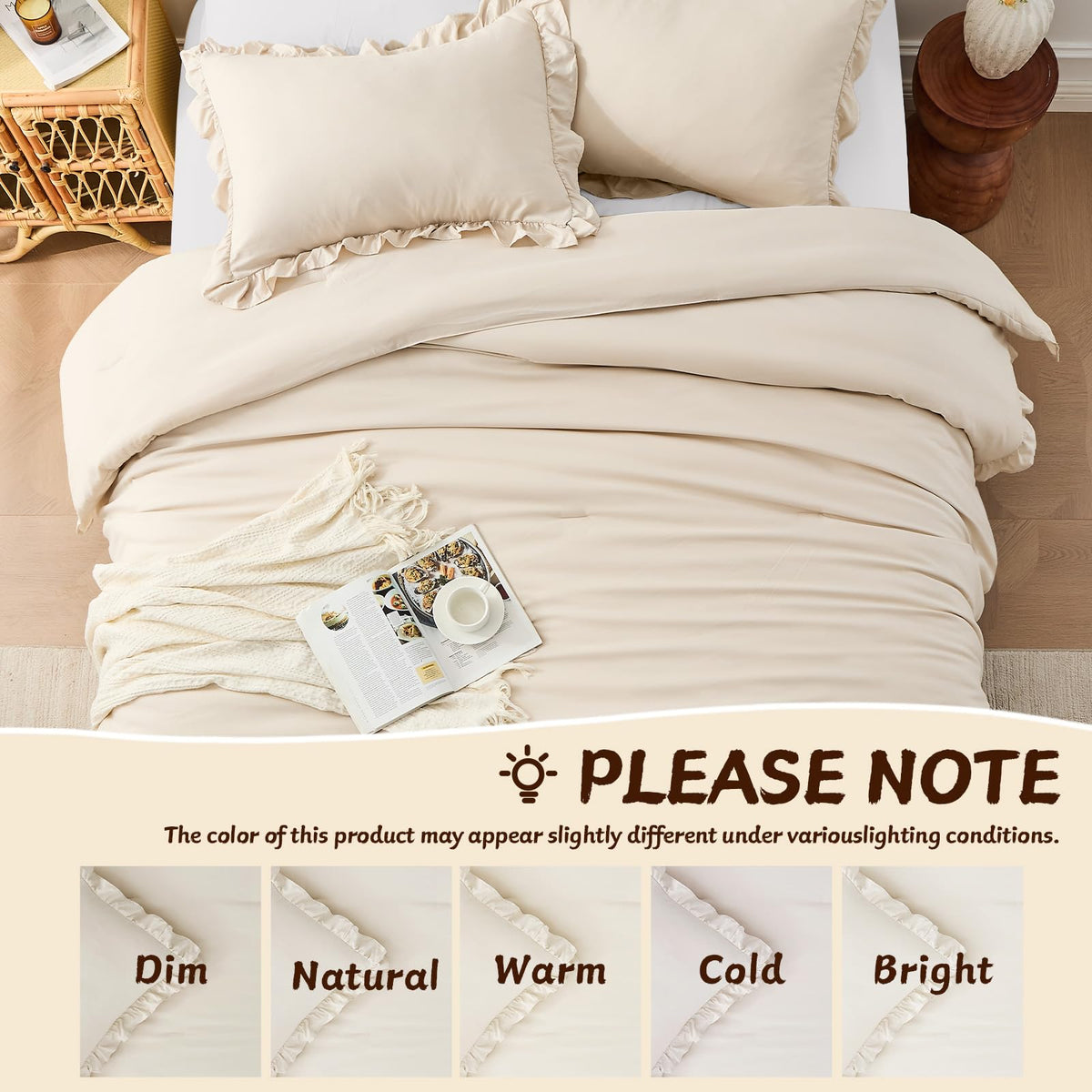 FUANNA Queen Comforter Set Oatmeal, 3 Pieces Ruffle Queen Bed Set, Fluffy Bed in a Bag Queen for All Seasons, Shabby Chic Bedding Comforter Sets with 1 Lightweight Comforter & 2 Pillowshams