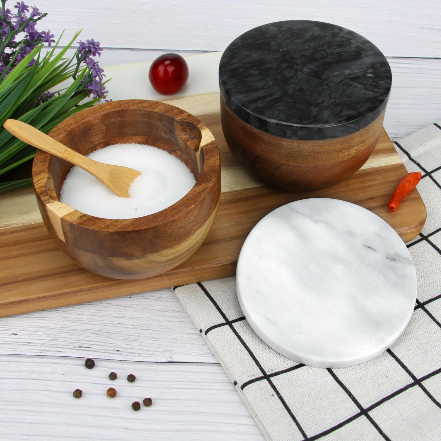 HESHIBI Salt Cellar Box with Lid & Spoon, Modern White Stone Salt or Pepper Sugar Spice Seasoning Bowl Container Jar Holder Well Keeper Dish Pig Crock for Kitchen (Marble Lid Set)