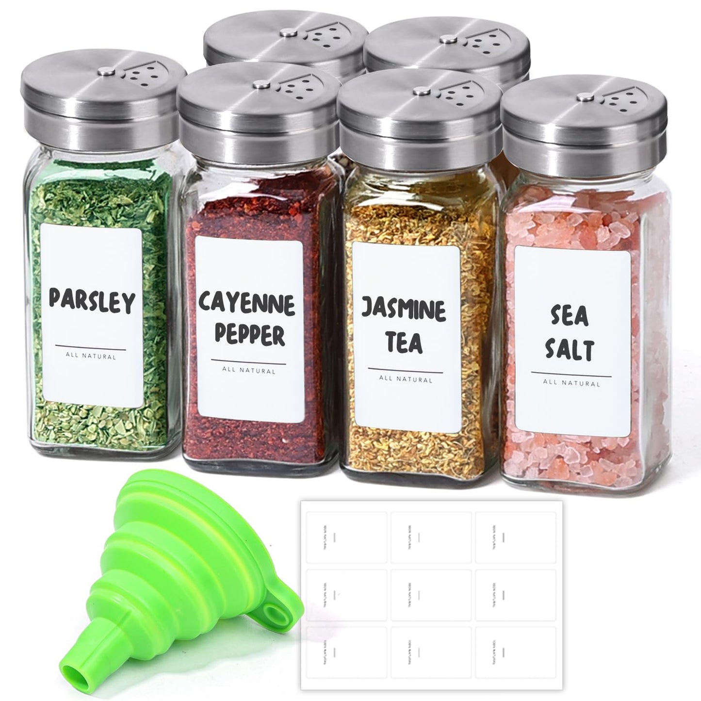 ComSaf Spice Jars with Shaker lids Adjustable, 4oz 6PCS, 9 DIY Labels, Spice Jars Trial Set & Supplement Set, Empty Ingredient Containers and Square Ingredient Bottles for Kitchen and Seasoning