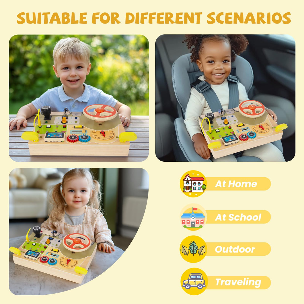 Montessori Busy Board for Toddlers Baby Busy Board Car Steering Wheel Wooden Sensory Board Travel Toys for Fine Motor Skill Gift for 3+ Years Old Boys Girls Christmas Birthday Parents
