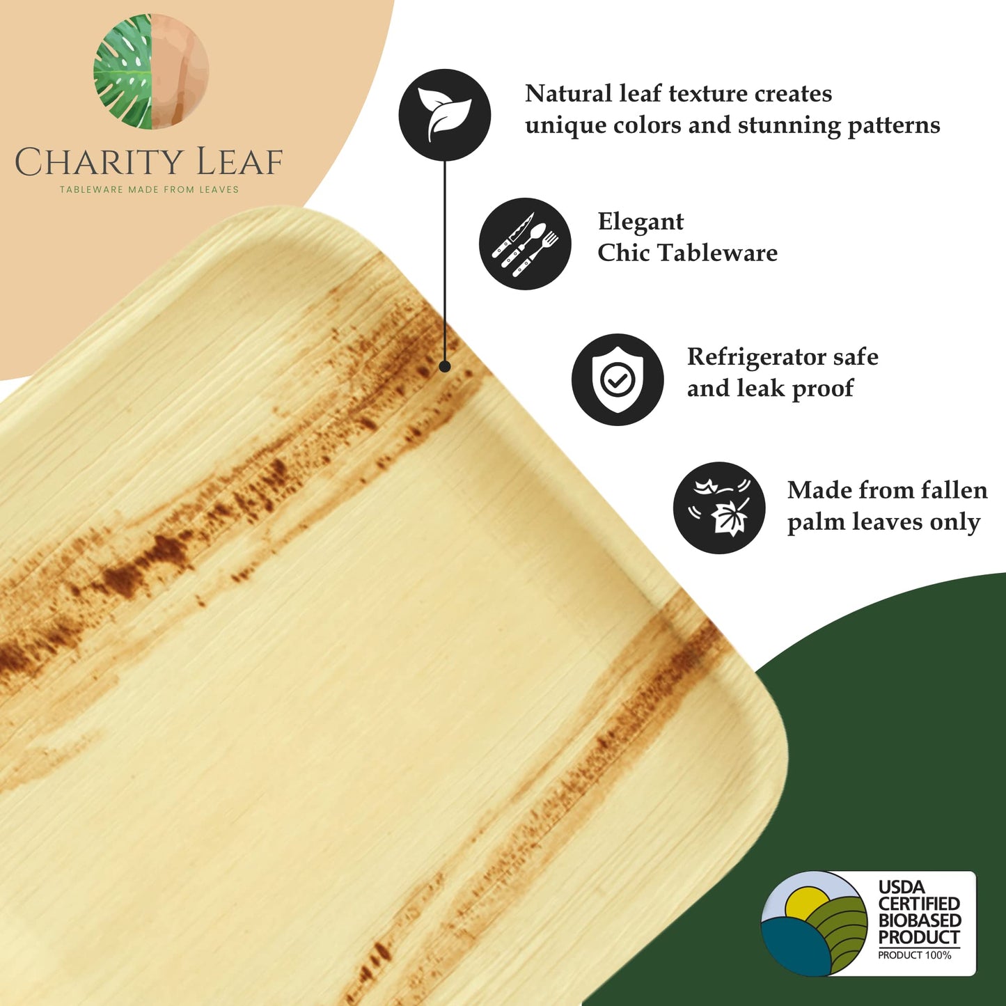 Charity Leaf Disposable Palm Leaf 11" Square Plates (25 pieces) Bamboo Like Serving Platters, Disposable Boards, Eco-Friendly Dinnerware For Weddings, Catering, Events