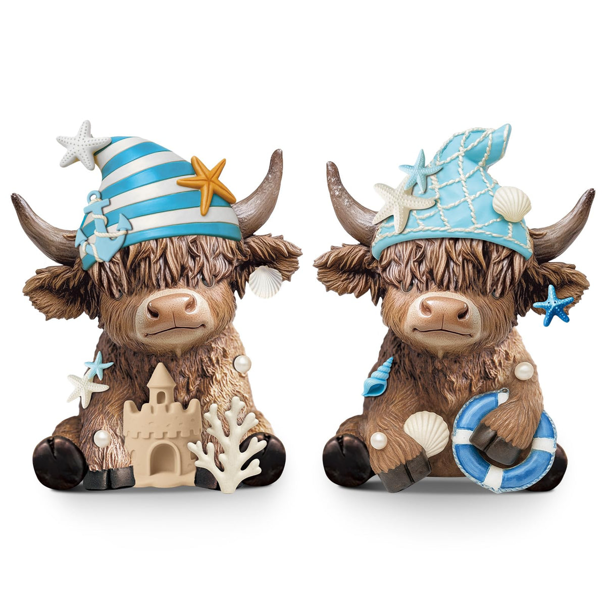 Karenhi 2 Pcs Coastal Farmhouse Home Decor, Summer Ocean Highland Cow Figurines with Anchor, Starfish, Shell and Coral, Nautical Beach Figurines for Home Table Shelf Decoration