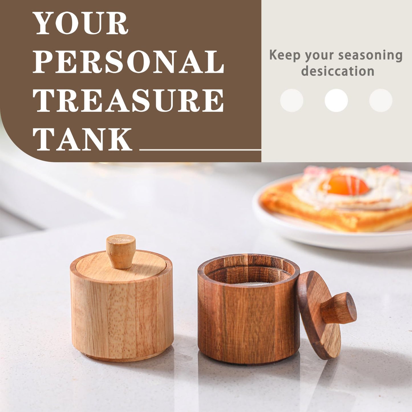 Ziliny 2 Pcs Wooden Pepper Salt Box Cellar with Lid Set Rustic Pepper Holder Condiment Pots Small Salt Keeper for Kitchen Spice Sugar Trinket Gift, 3.35 x 2.95 Inch