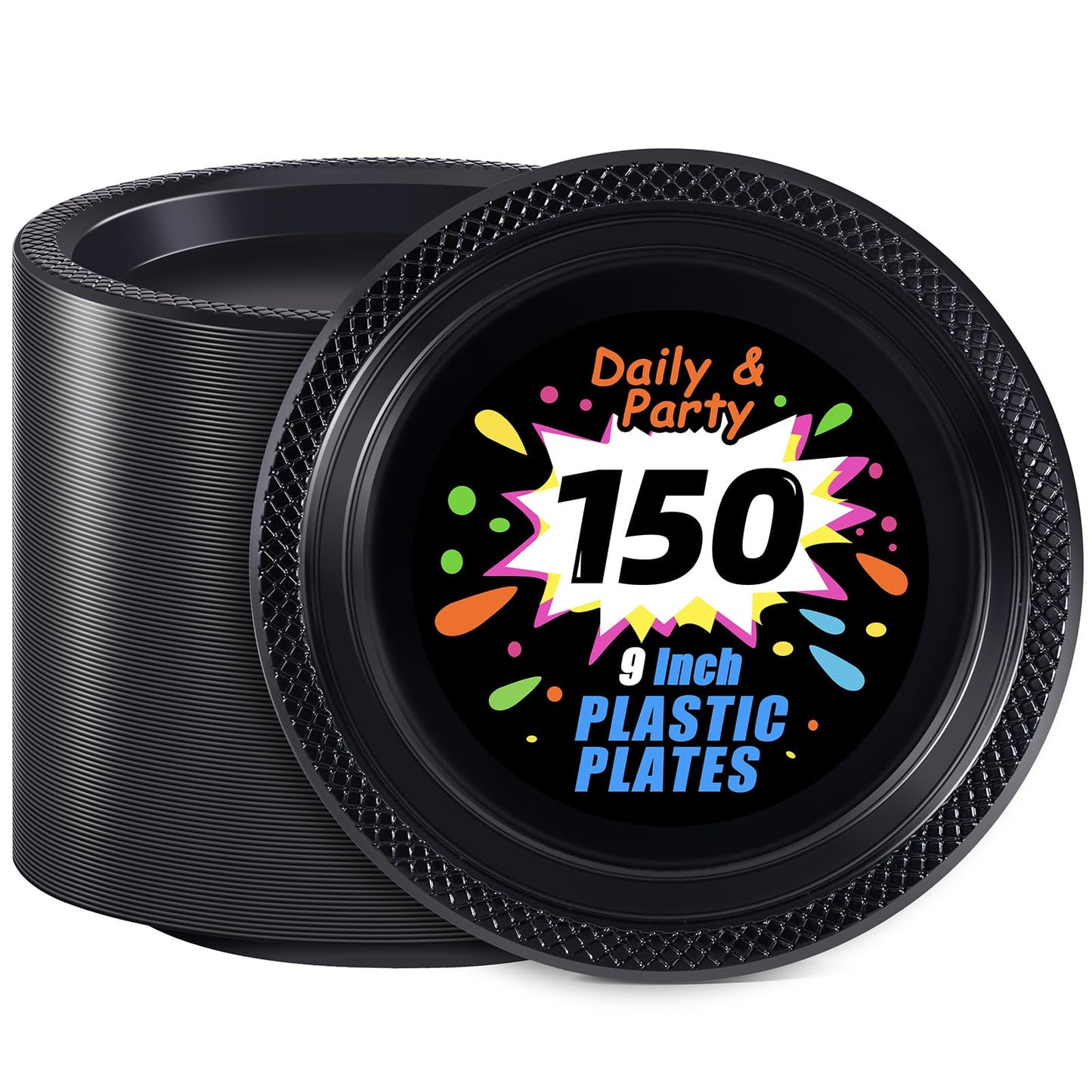 WELLIFE Black Plastic Plates 9 Inch -150 Count for Party, Plastic Disposable Dinner Plates for Halloween Picnic BBQ