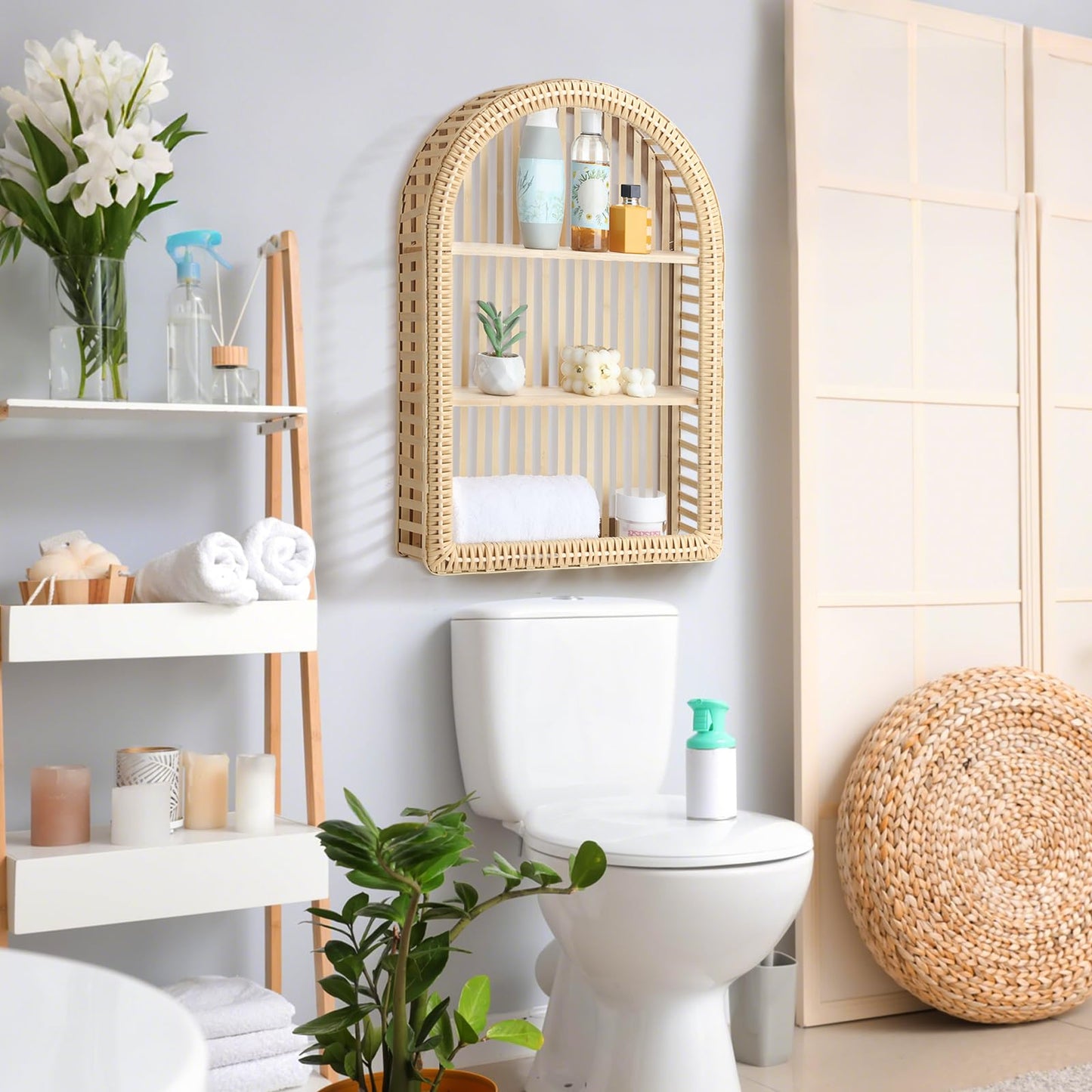 Vercraft Rattan Wall Shelf 3 Tier Boho Wall Mounted Shelf 23.62" x 15.75" Farmhouse Handcraft Bamboo Arched Floating Shelves for Living Room Home Bedroom Storage Decor