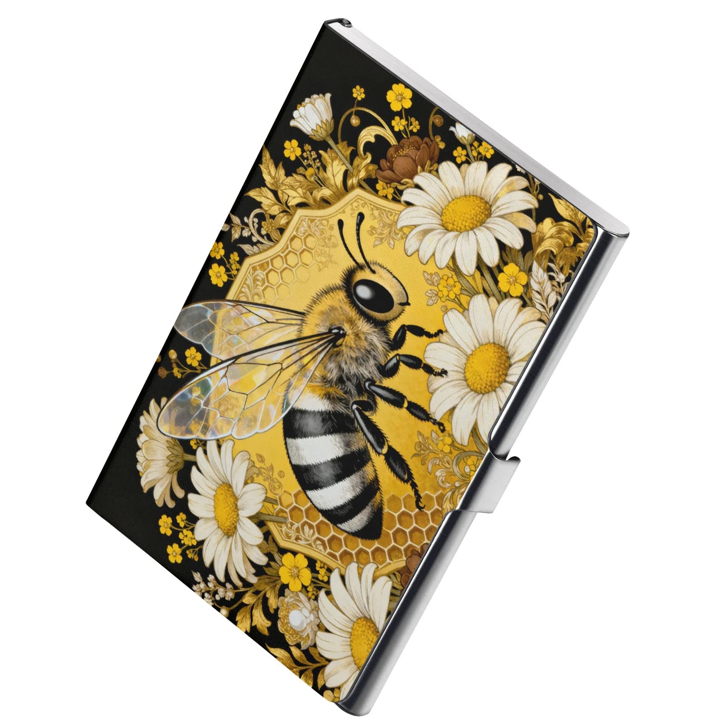 Retro bee pattern Business card holder - metal ultra-thin business card box, men's and women's pocket business card holder, can store credit cards, gift cards, etc