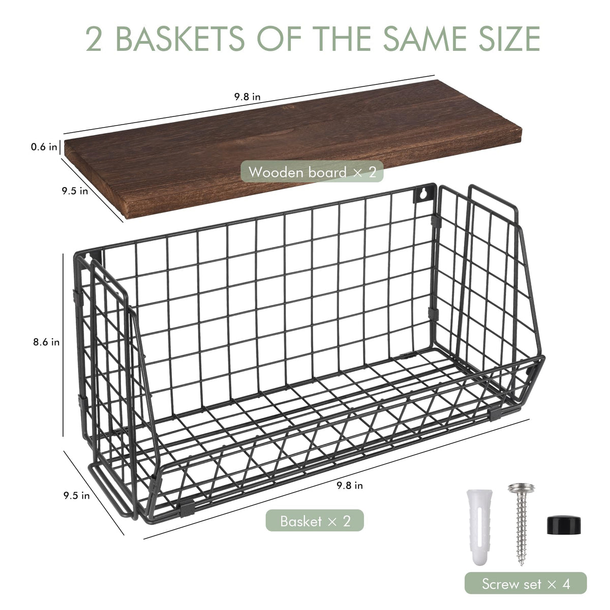 Wall Storage Hanging Baskets 2 PACK - Wooden Top Wire Basket Organizers & S Hooks - Assemble Floating Shelf Racks for Pantry Kitchen Office Bathroom Garage Organization (Extra Large)