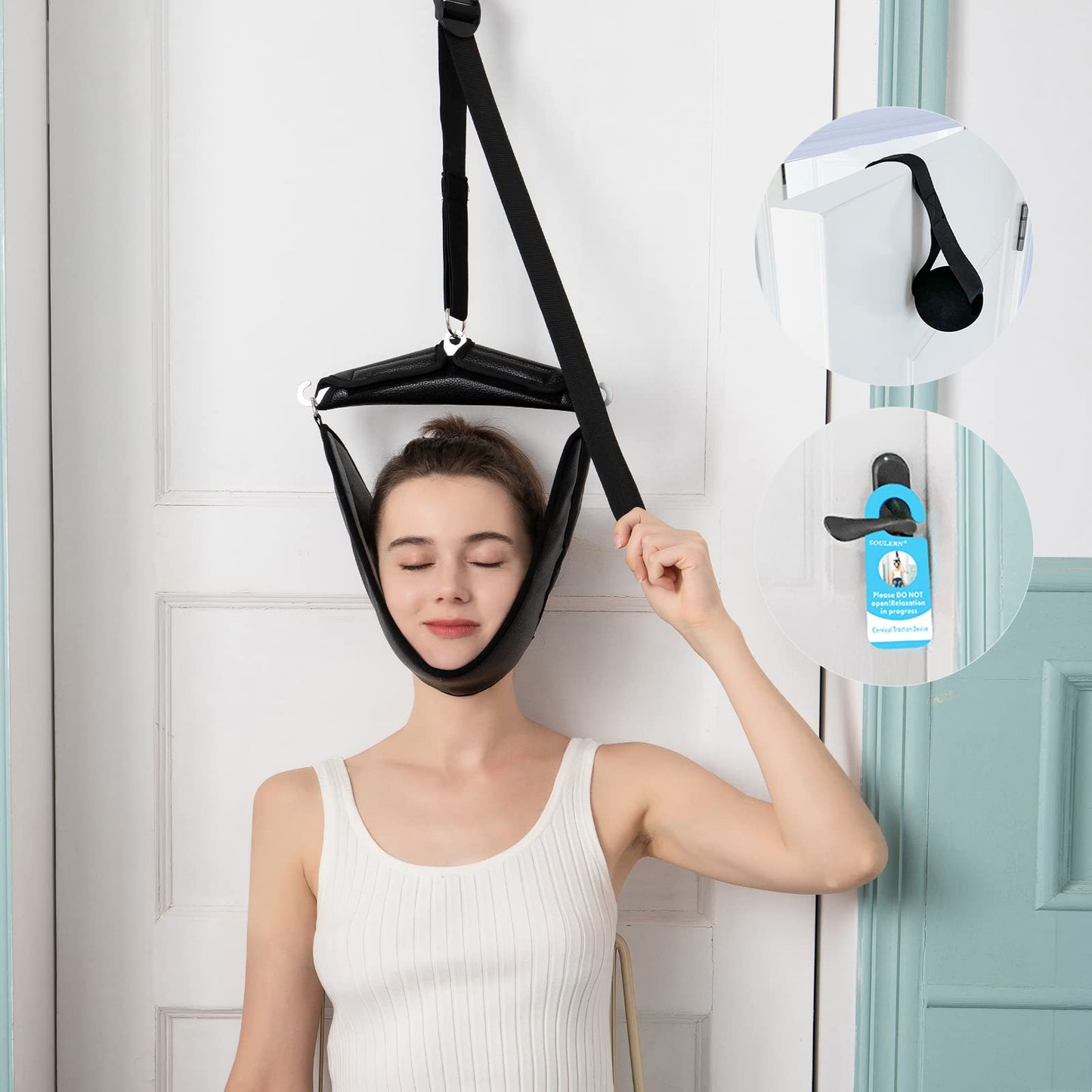 soulern Neck Stretcher Cervical Traction Device for Home Use - Over The Door Cervical Neck Traction Device for Decompression Home Physical Therapy, Portable Neck Traction Device for Neck Pain (Black)
