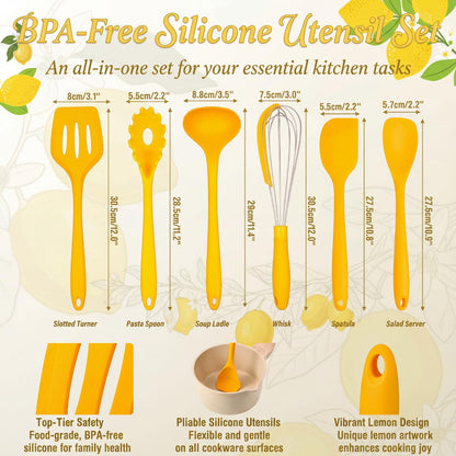 Ferrochef 7 Pcs Lemon Kitchen Decor and Accessories Silicone Cooking Utensils Set with Crock Organizer Heat Resistant Tools Set Slotted Turner Pasta Spoon Soup Ladle Whisk Spatula Salad Server