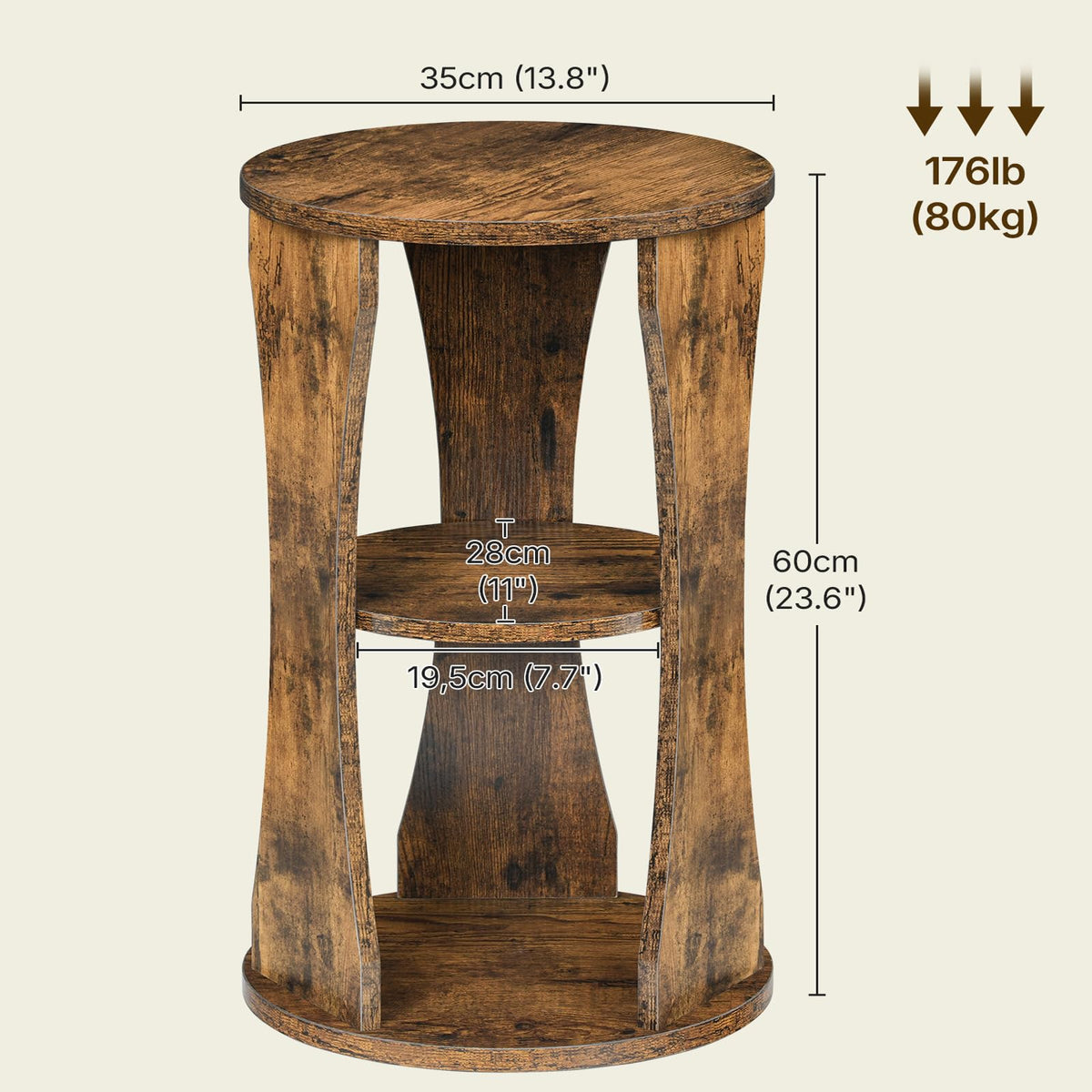 YATINEY Round Side Table, 3-Tier Wooden End Table with Storage Shelves, Drink Table for Small Spaces, Martini Table for Living Room, Bedroom, Rustic Brown ET15WL