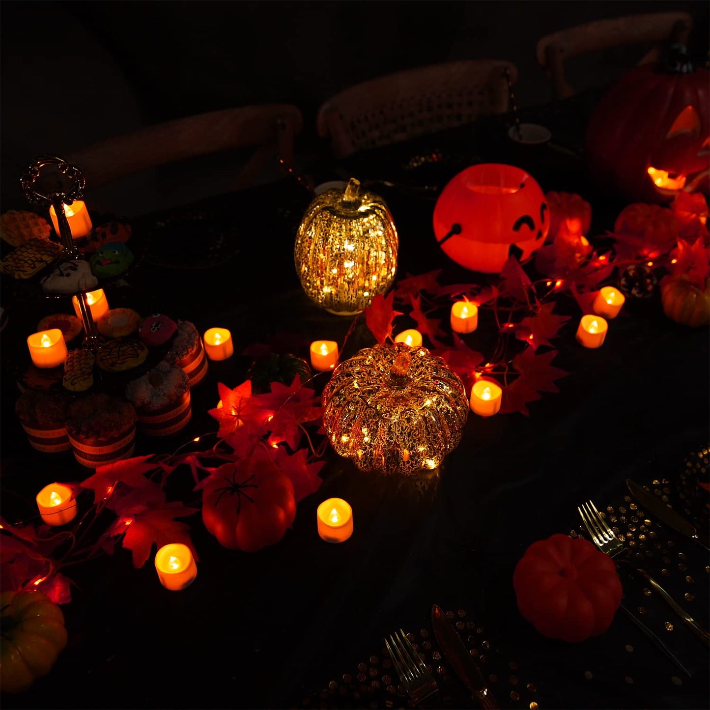 Homemory Halloween 24 Pack Orange Tea Light Candles, Battery Operated LED Tealights, Small Pumpkins Lights, Flameless, Electric Fake Tea Candles