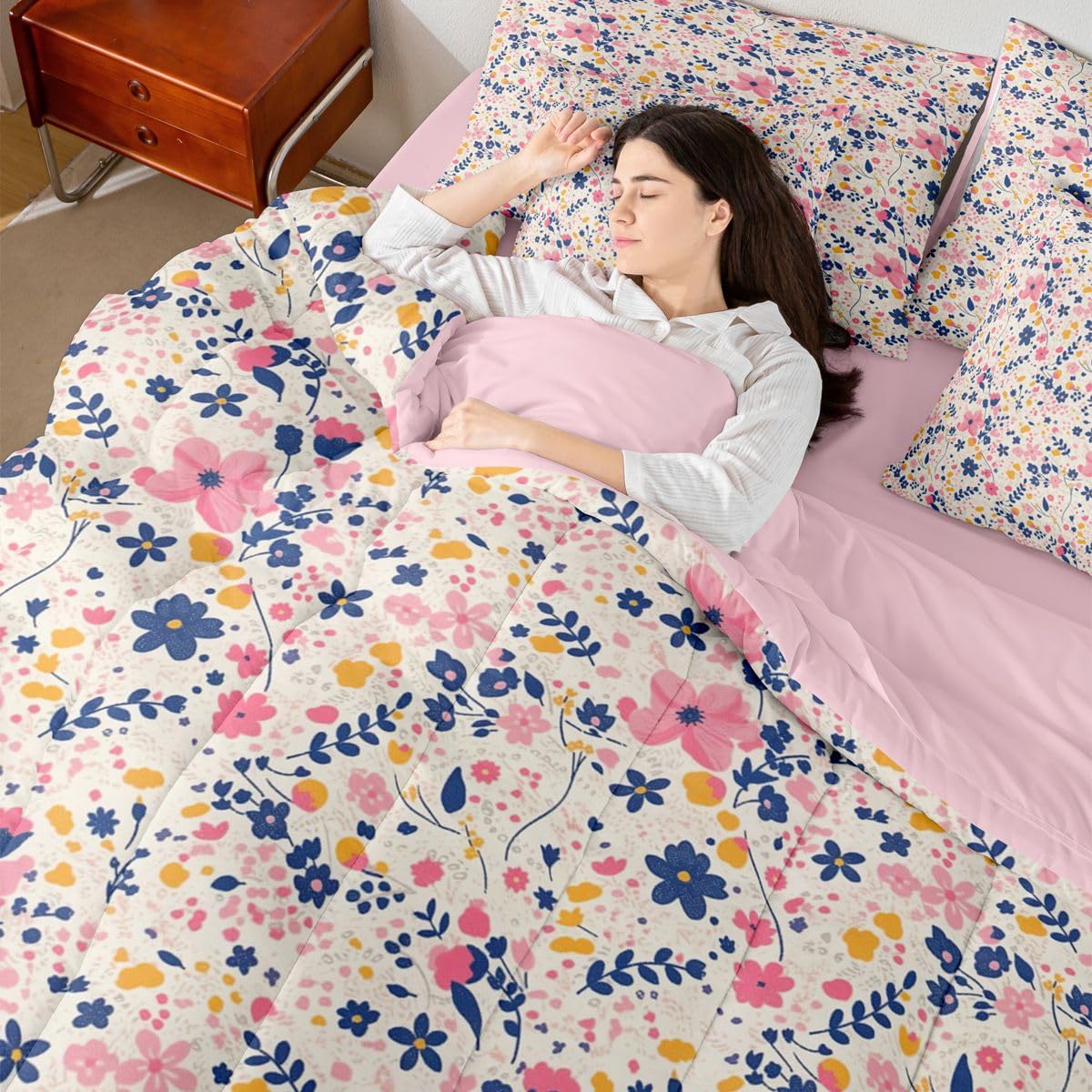 Erosebridal Floral Flowers Girly Pink Yellow 7 Piece Bedding Set Twin | Garden Botanical Comforter Set with Sheets Leaves Aesthetic Bed in A Bag Teens Women Adults Bed Sets
