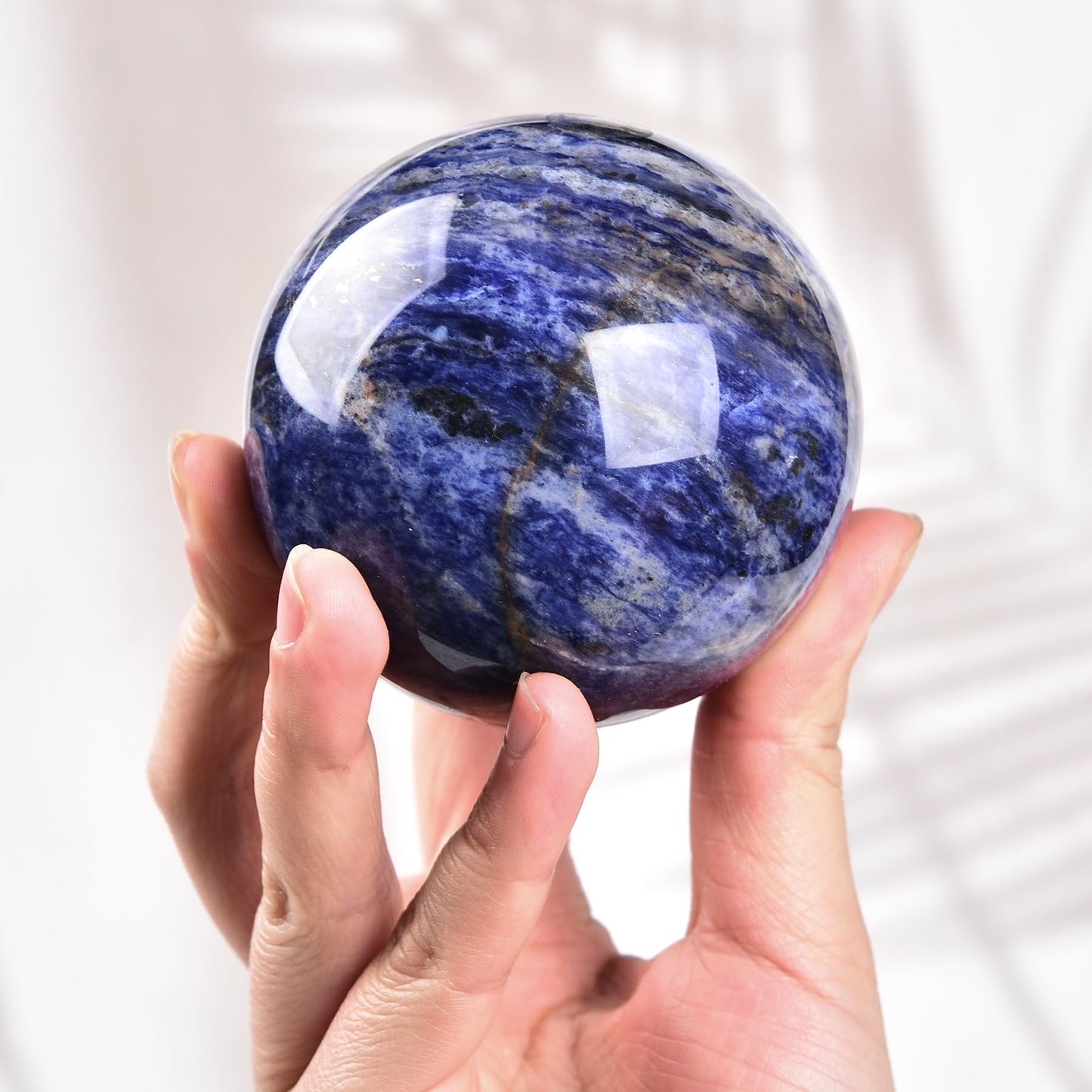 AMOYSTONE Blue Sodalite Decorative Ball 2.8-3.2" with Wood Stand – Large Healing Sphere for Reiki, Feng Shui