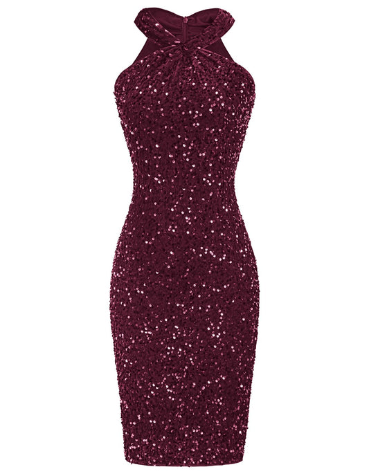 GRACE KARIN Sequin Dress for Women Evening Party Club Prom Dress Dark Red for Christmas Velvet Sequin S
