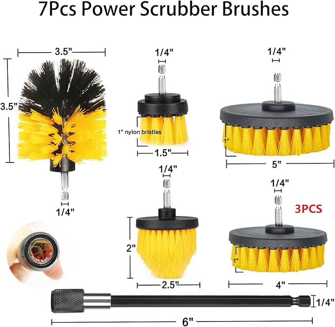 Drill Brush Attachment Set, 7 Pack 1/4in Power Scrubber Brush + Extend Long Rod